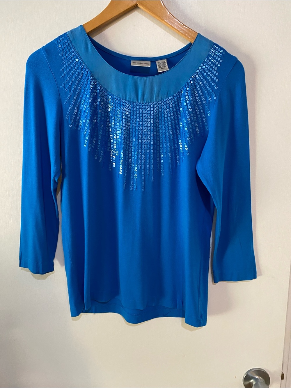 Chico's Bright Blue Sequin Yoke Quarter Sleeve Tee
